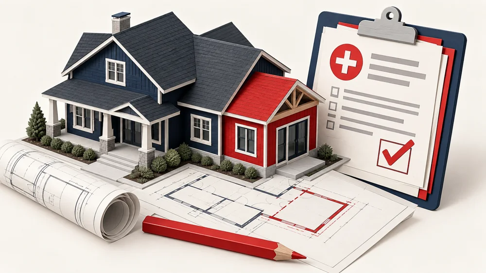 House model with a red addition and approved document representing documented change orders.