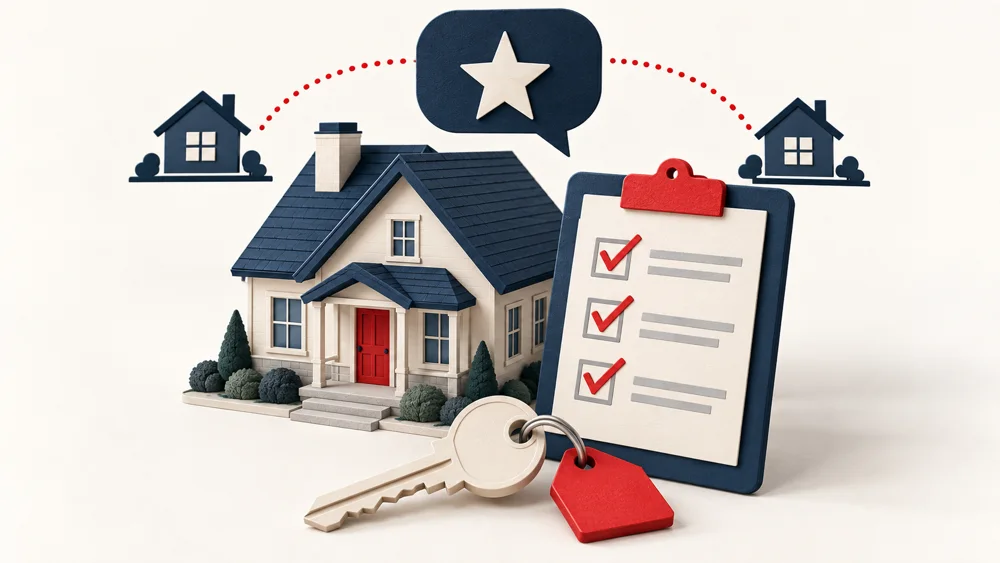 Completed house, checked punch list, keys and feedback connections representing closeout and earned referrals.