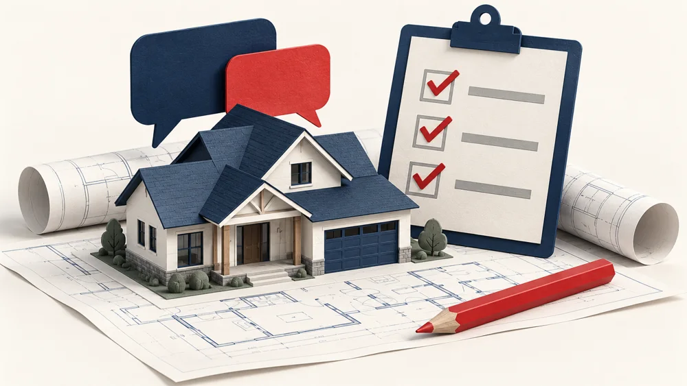 Architectural house model, blueprint, checklist and speech bubbles representing clear customer expectations.