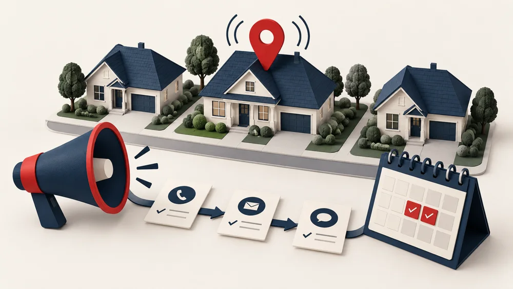 Local neighborhood, location pin, inquiry cards and planner representing capacity-aware lead generation.