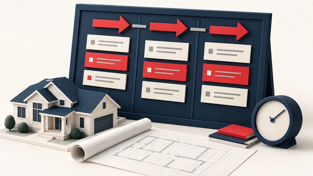 Three-lane planning board, clock and house model representing visible, reliable job workflow.