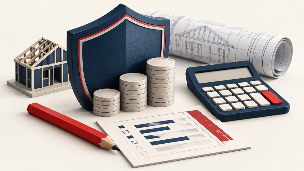 Shield, job-budget sheet, calculator and coin stacks representing protection of job gross profit.