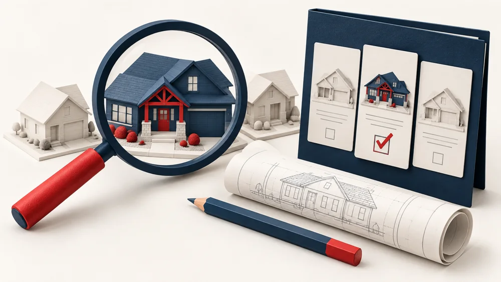 Magnifying glass and proposal options highlighting a suitable house project and clear job qualification.