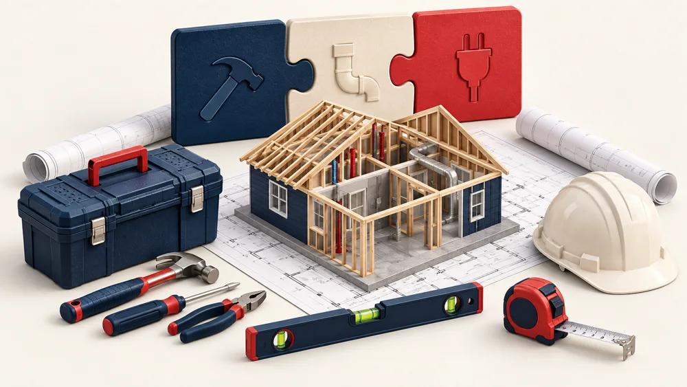 Partly built house, trade tools and connected puzzle pieces representing coordinated subcontractors.